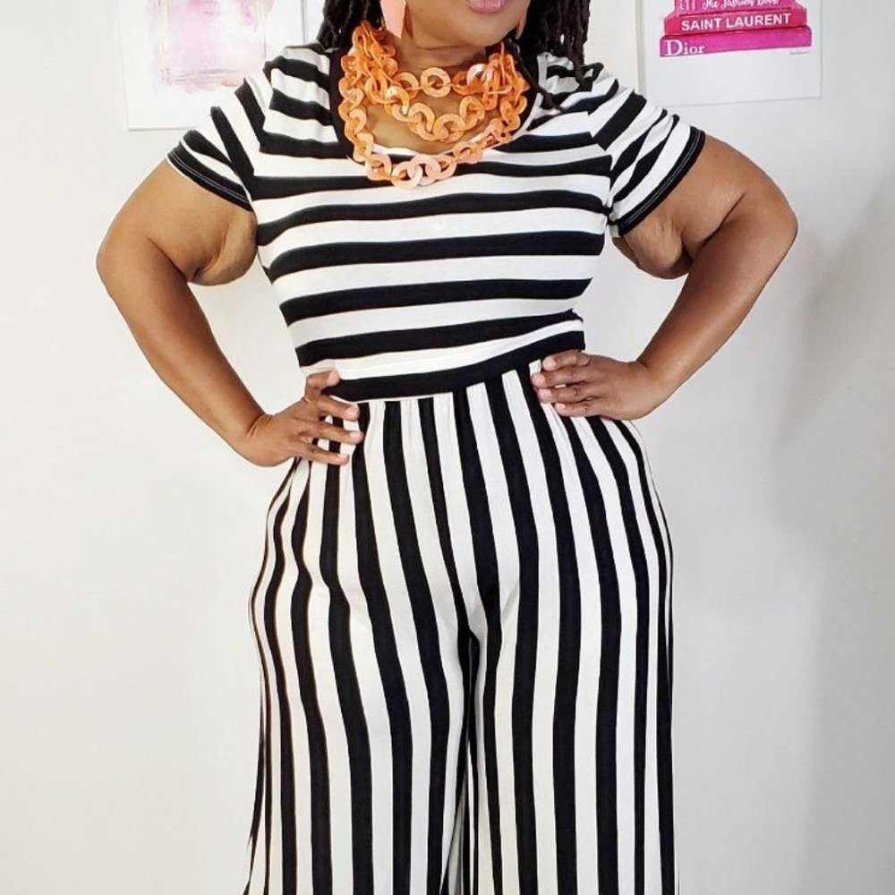 Women's Striped Wide Leg Jumpsuit Black